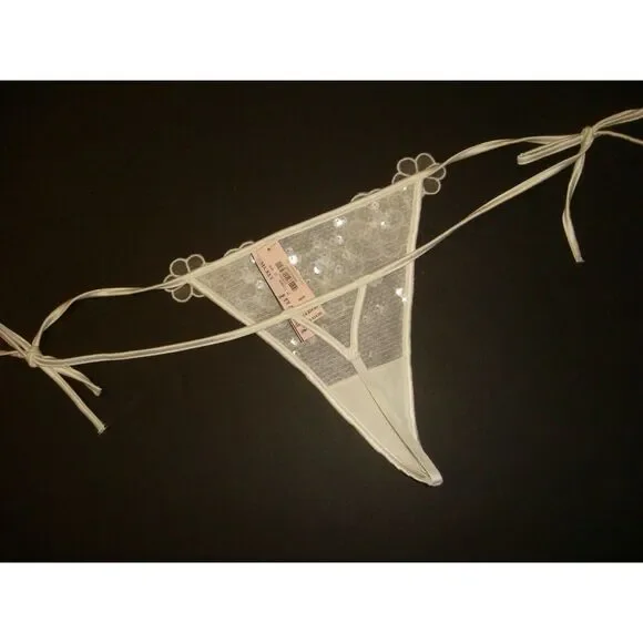 NWT Victoria's Secret M thong side tie WHITE sequined floral appliqué VERY SEXY